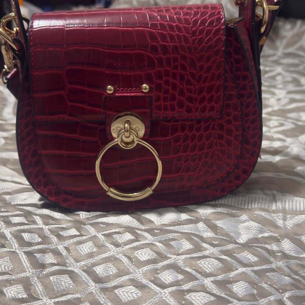 Chloe Red and Gold Crossbody Bag with Luxurious Croc-Embossed Texture